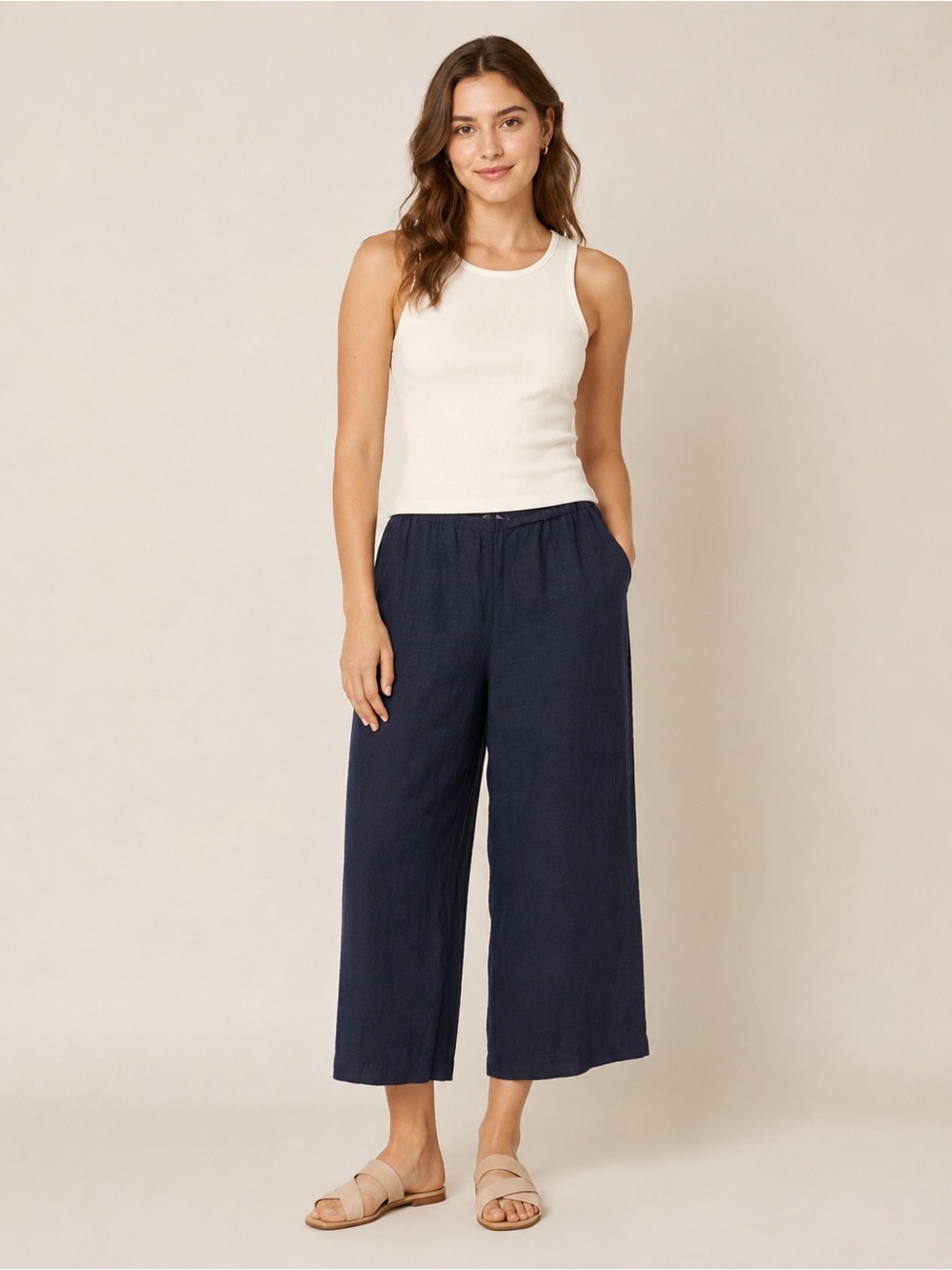 Eileen Fisher wide-leg pull-on pants in navy blue linen size L ( 36x22)